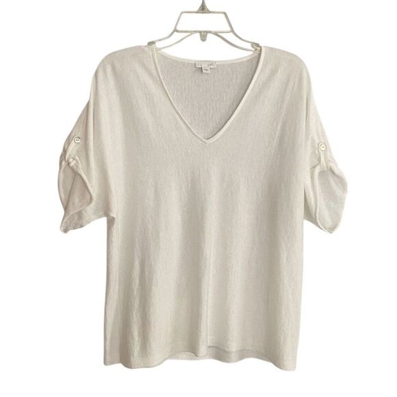 J. Jill White Lightweight V-Neck Knit Top with Roll-Tab Short Sleeves Size M - Picture 1 of 10